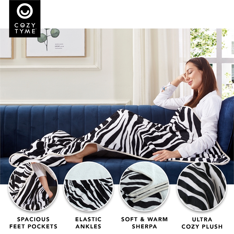 Mekhi Sherpa Polyester Extra Soft Throw Blanket with Feet Pocket Zebra 28