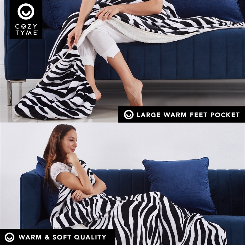 Mekhi Sherpa Polyester Extra Soft Throw Blanket with Feet Pocket Zebra 28