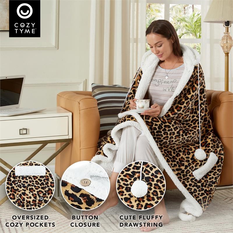 Milana Sherpa Polyester Extra Soft Throw Blanket with Hoodie Leopard 50