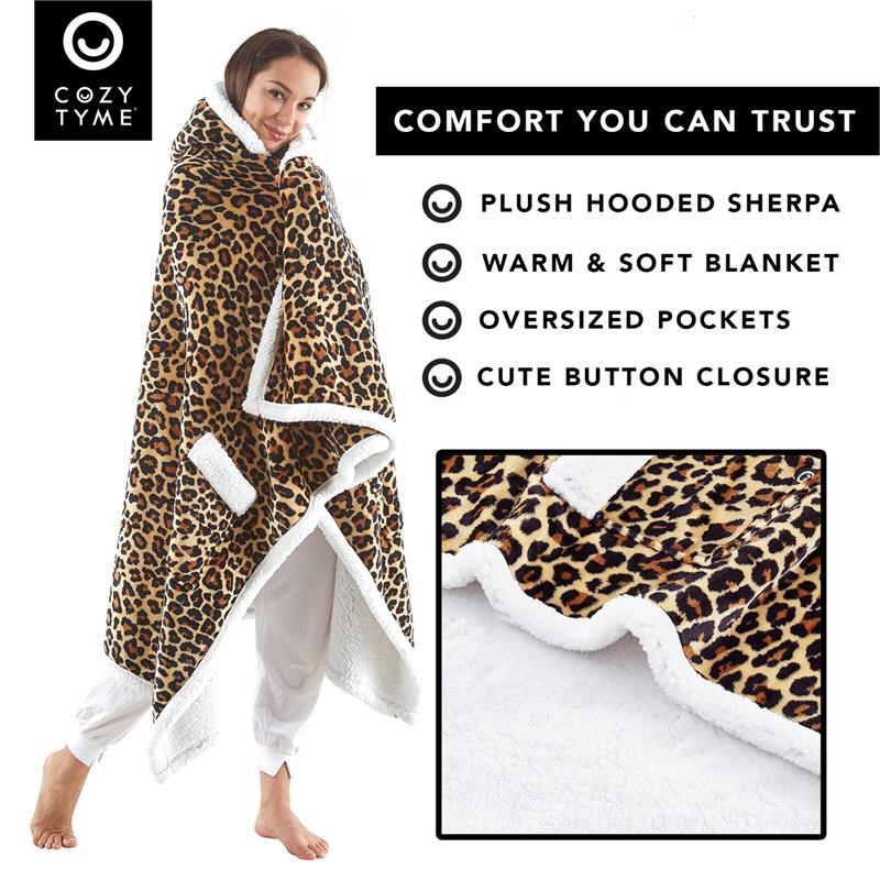 Milana Sherpa Polyester Extra Soft Throw Blanket with Hoodie Leopard 50
