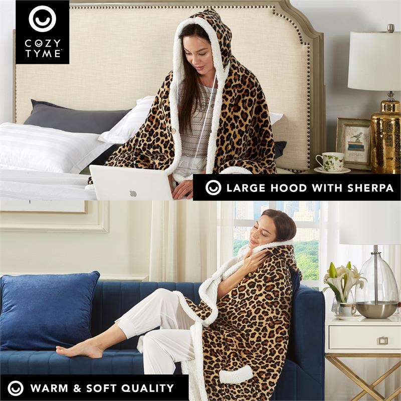Milana Sherpa Polyester Extra Soft Throw Blanket with Hoodie Leopard 50