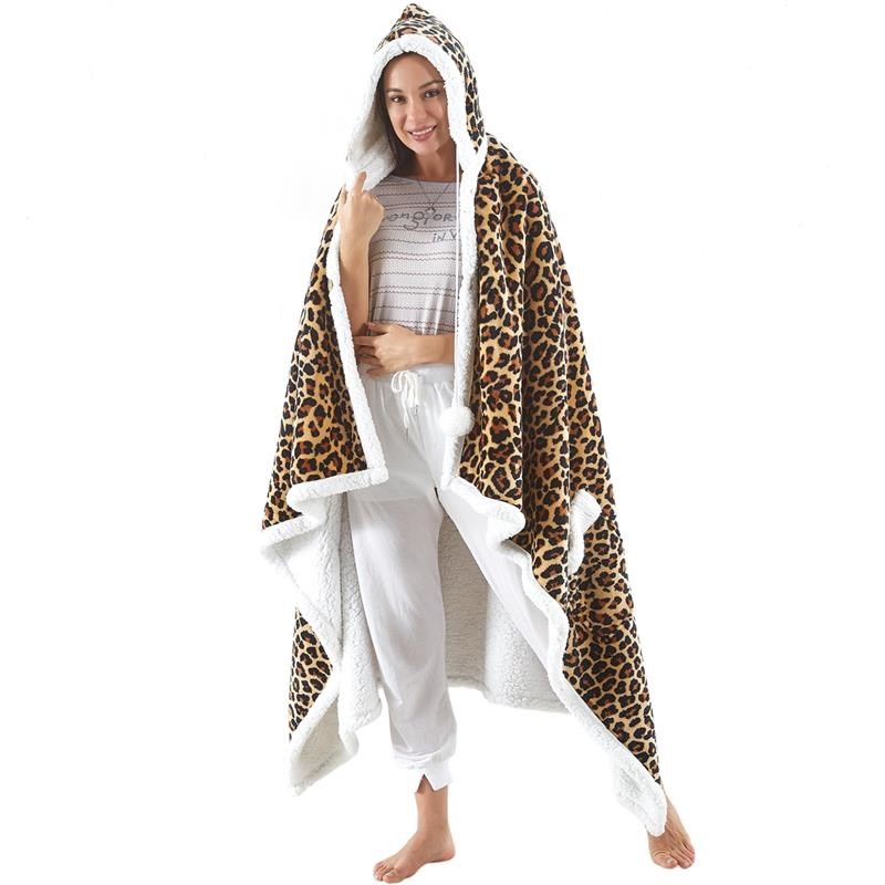 Milana Sherpa Polyester Extra Soft Throw Blanket with Hoodie Leopard 50