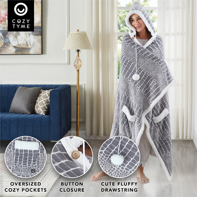 Milana Sherpa Polyester Extra Soft Throw Blanket with Hoodie Crocodile 50