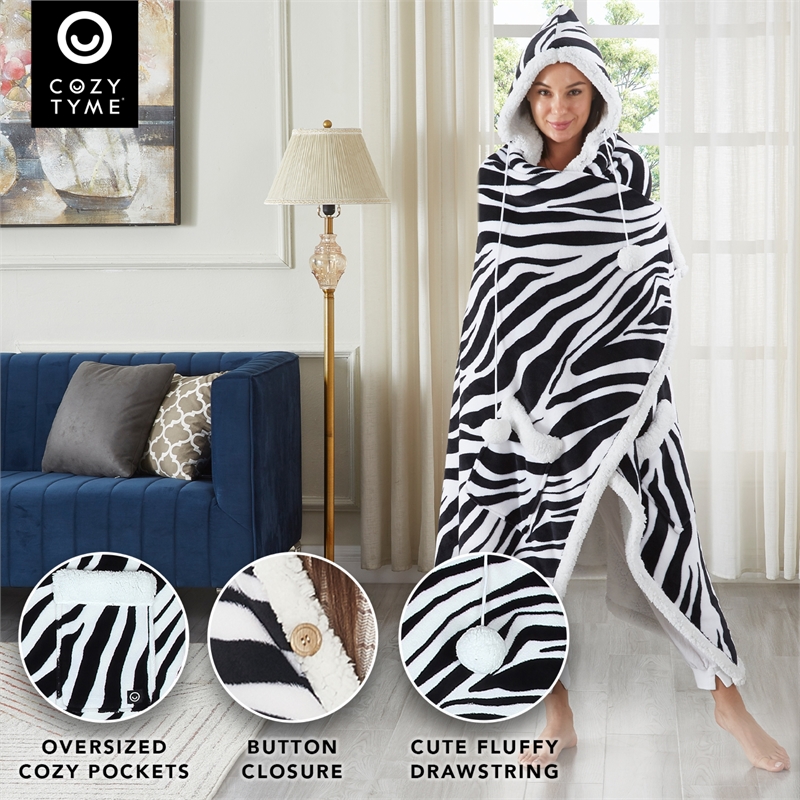 Milana Sherpa Polyester Extra Soft Throw Blanket with Hoodie Zebra 50