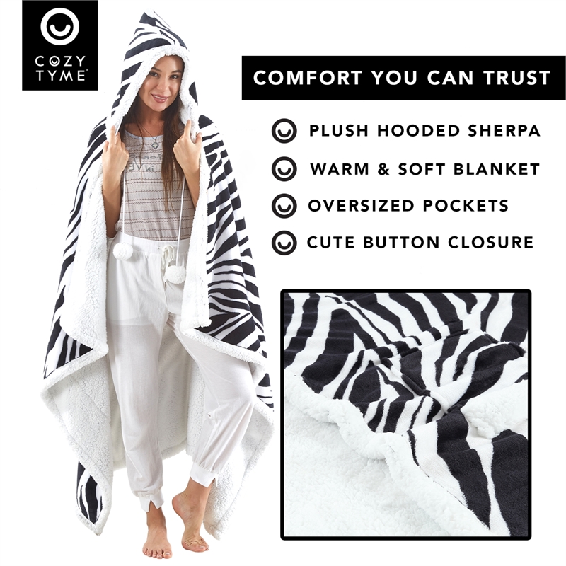 Milana Sherpa Polyester Extra Soft Throw Blanket with Hoodie Zebra 50