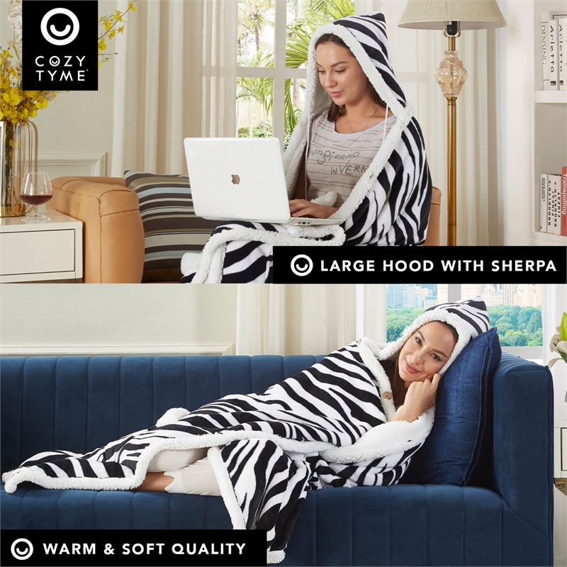 Milana Sherpa Polyester Extra Soft Throw Blanket with Hoodie Zebra 50