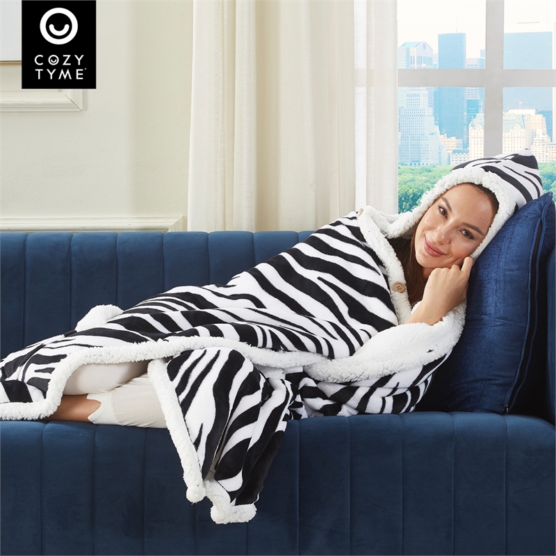 Milana Sherpa Polyester Extra Soft Throw Blanket with Hoodie Zebra 50