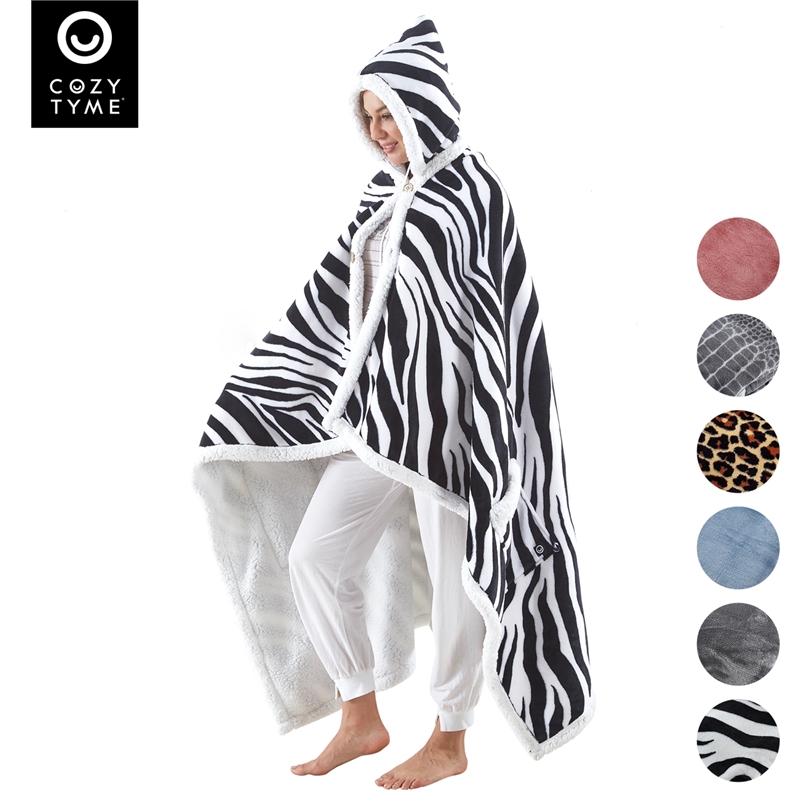 Milana Sherpa Polyester Extra Soft Throw Blanket with Hoodie Zebra 50