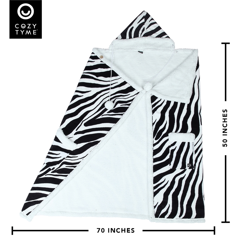 Milana Sherpa Polyester Extra Soft Throw Blanket with Hoodie Zebra 50