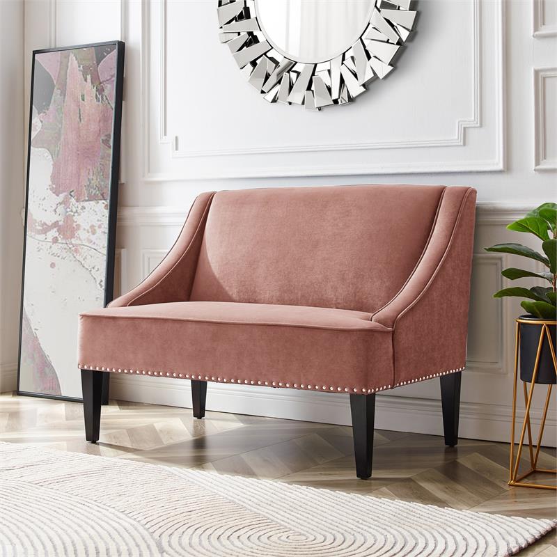 Clare Rectangular Bench Blush Pink Velvet Upholstered Swoop Arm