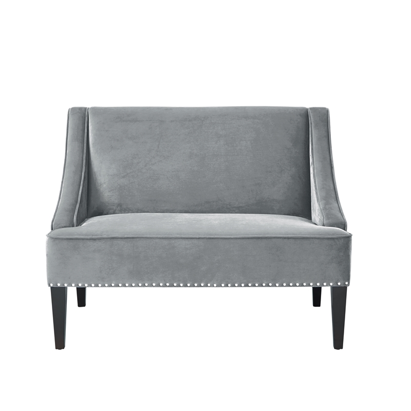 Clare Rectangular Bench Gray Velvet Upholstered Swoop Arm Nailhead Trim