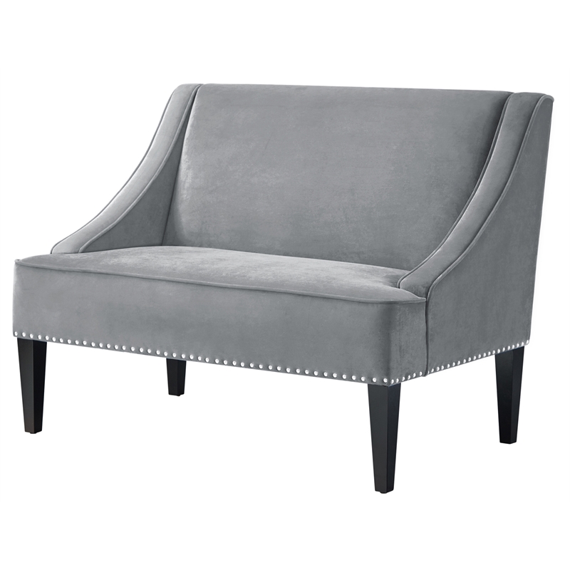 Clare Rectangular Bench Gray Velvet Upholstered Swoop Arm Nailhead Trim