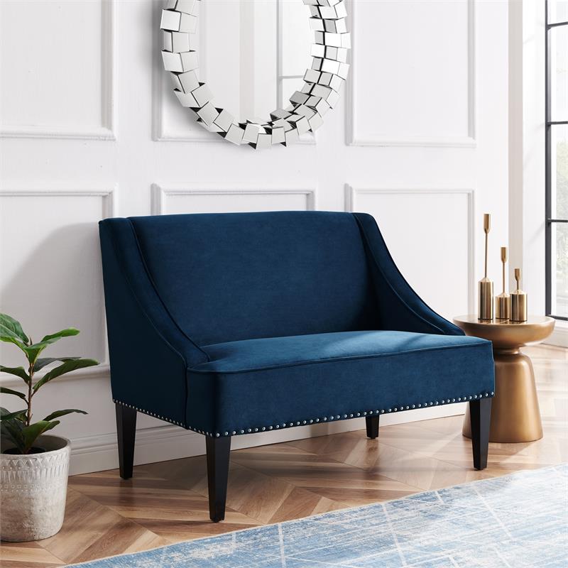 Clare Rectangular Bench Navy Blue Velvet Upholstered Swoop Arm