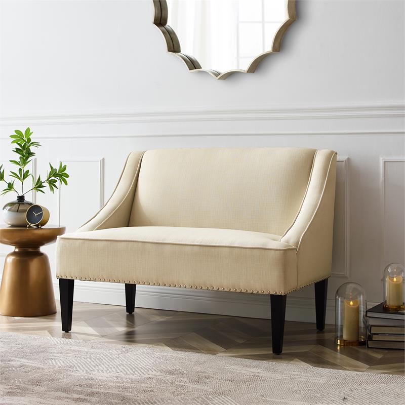 Clare Rectangular Bench Beige Linen Upholstered Swoop Arm Nailhead Trim