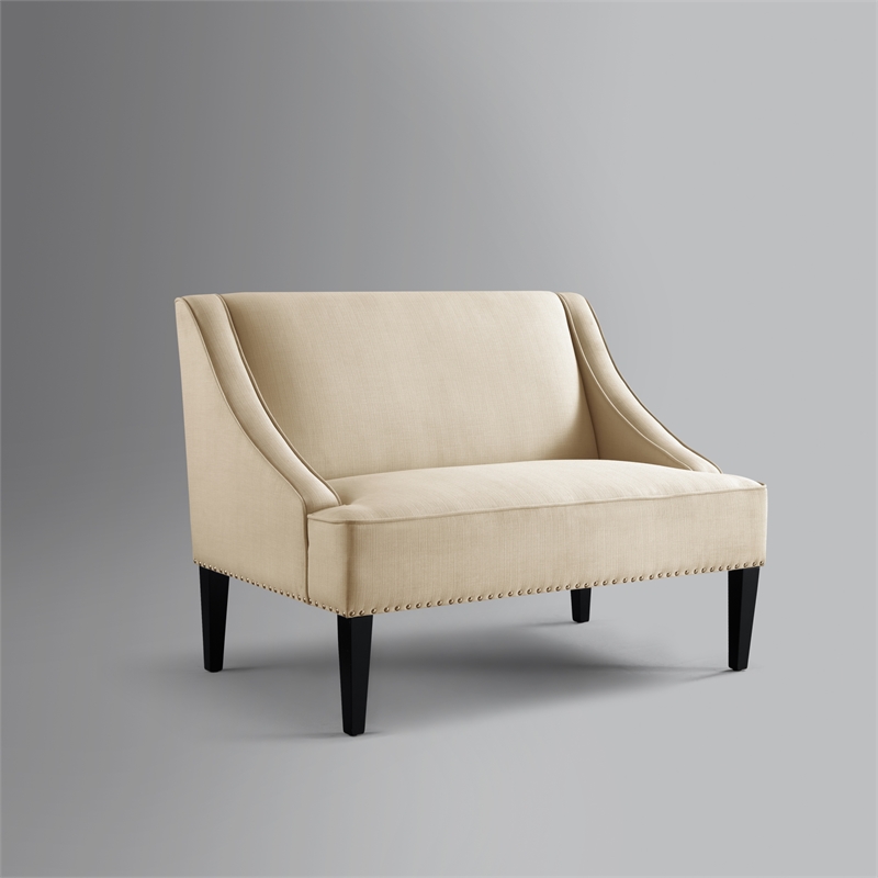 Clare Rectangular Bench Beige Linen Upholstered Swoop Arm Nailhead Trim