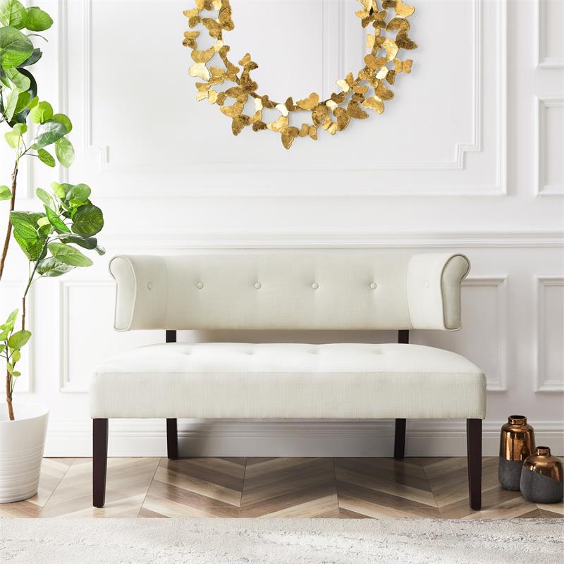 Addilynn Rectangular Bench Cream White Linen Upholstered Button Tufted