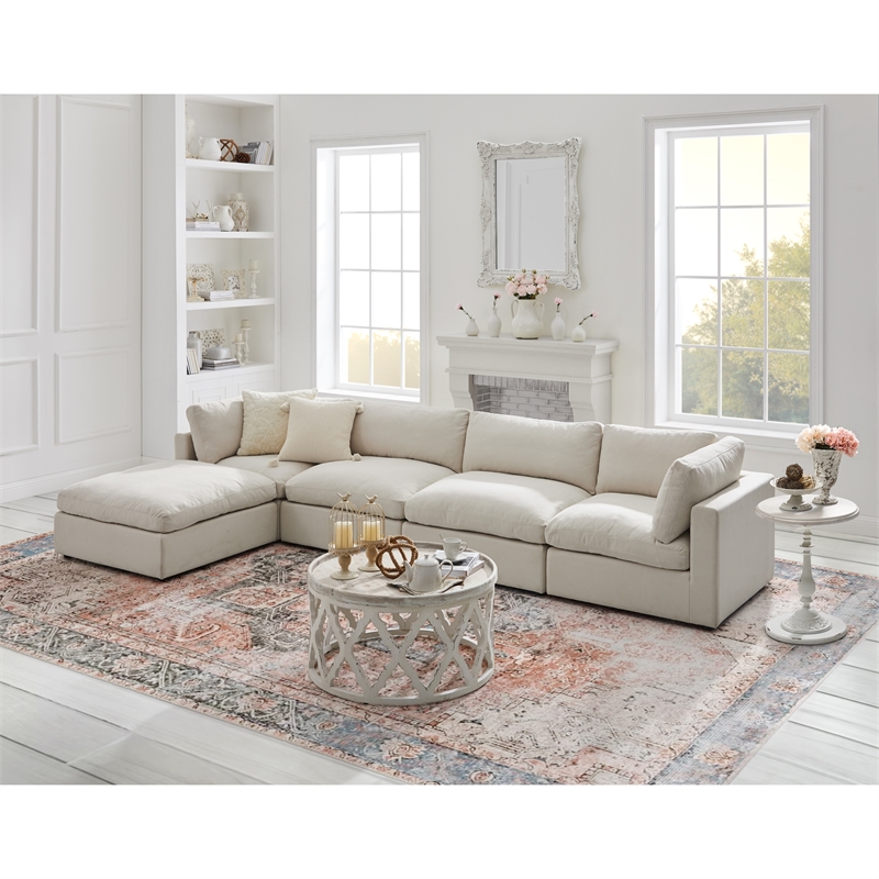 Kaelynn Sofa Cream White Linen Upholstered 4 Seat and Ottoman