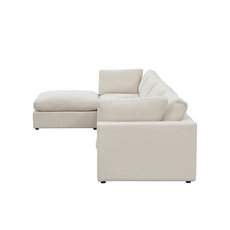 Kaelynn Sofa Cream White Linen Upholstered 4 Seat and Ottoman