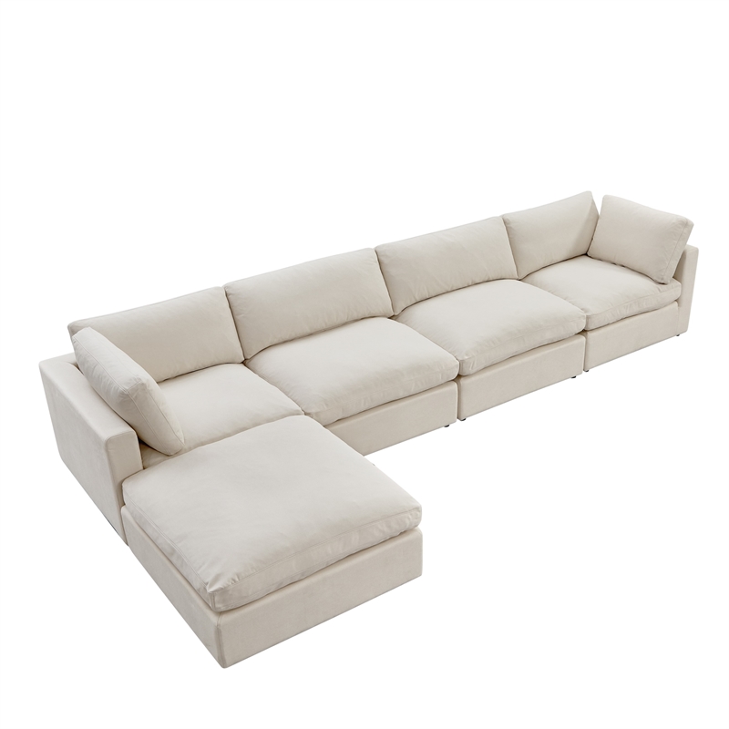 Kaelynn Sofa Cream White Linen Upholstered 4 Seat and Ottoman