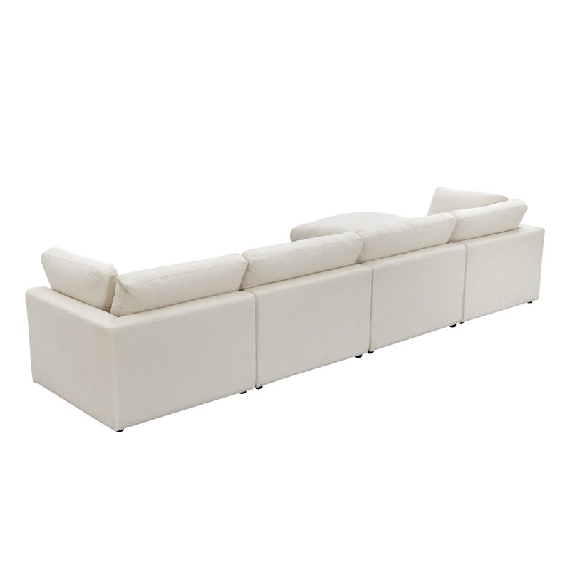 Kaelynn Sofa Cream White Linen Upholstered 4 Seat and Ottoman