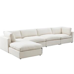 Kaelynn Sofa Cream White Linen Upholstered 4 Seat and Ottoman