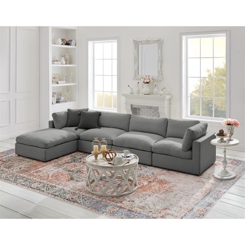 Kaelynn Sofa Grey Linen Upholstered 4 Seat and Ottoman