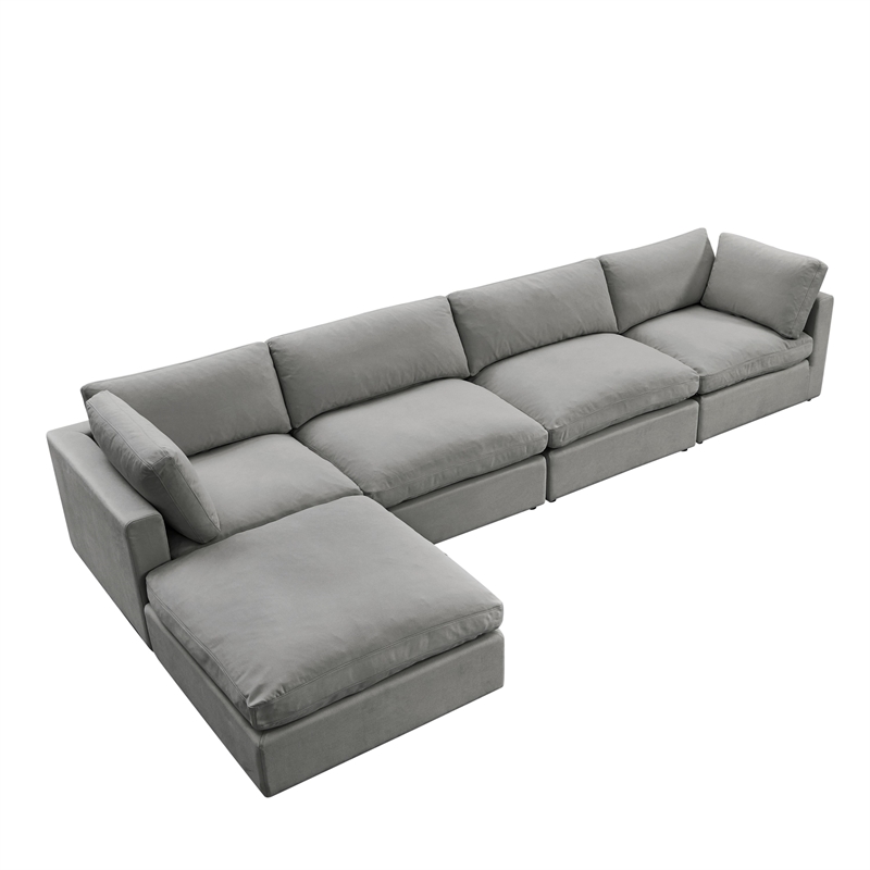 Kaelynn Sofa Grey Linen Upholstered 4 Seat and Ottoman