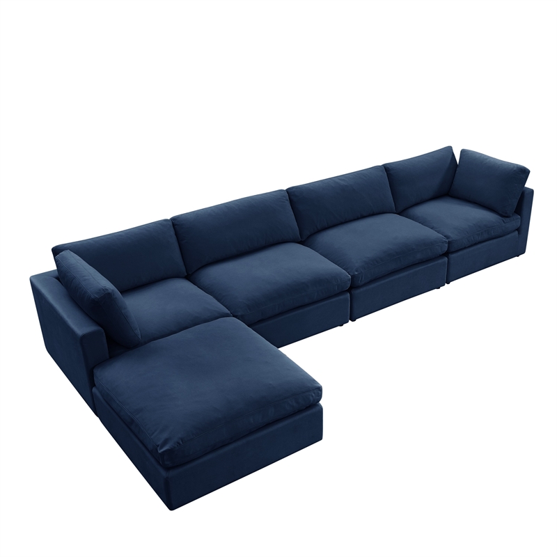Kaelynn Sofa Navy Blue Linen Upholstered 4 Seat and Ottoman