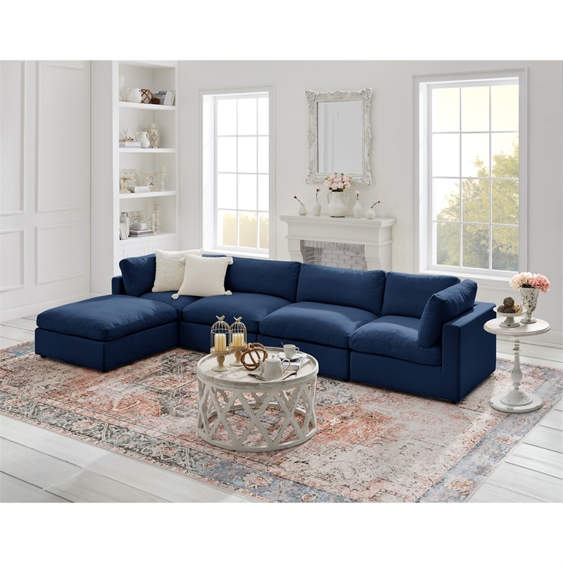 Kaelynn Sofa Navy Blue Linen Upholstered 4 Seat and Ottoman