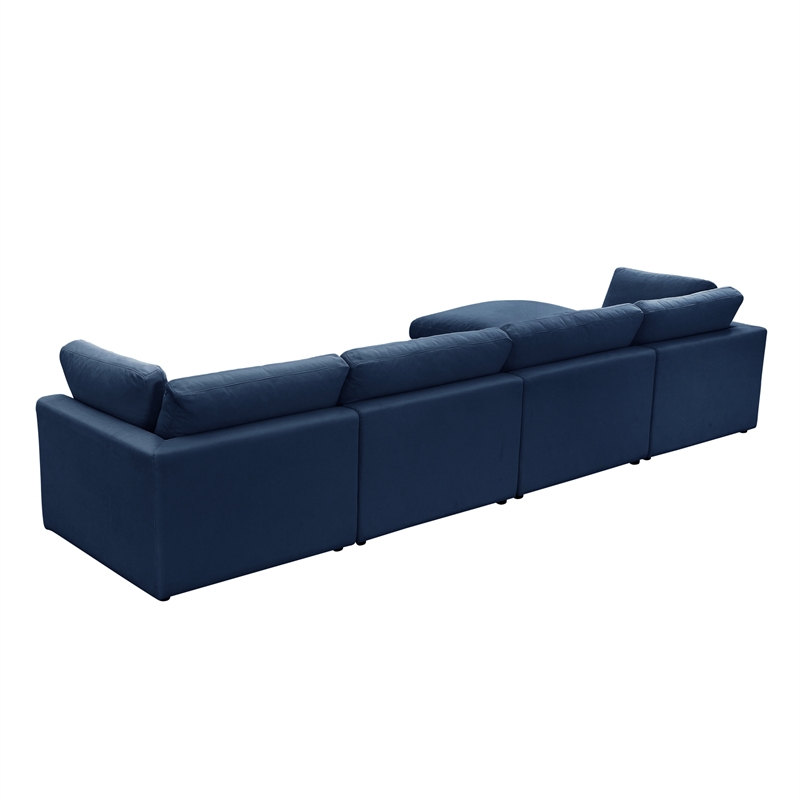 Kaelynn Sofa Navy Blue Linen Upholstered 4 Seat and Ottoman