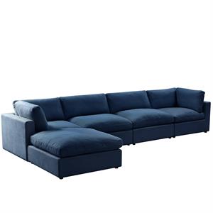 Kaelynn Sofa Navy Blue Linen Upholstered 4 Seat and Ottoman