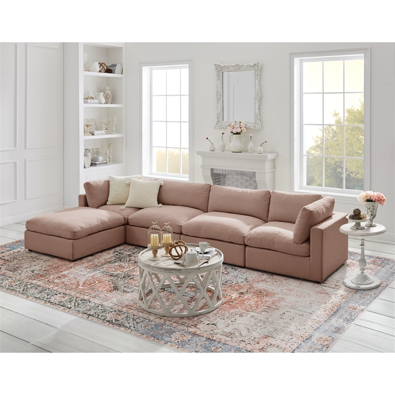 Kaelynn Sofa Pink Linen Upholstered 4 Seat and Ottoman