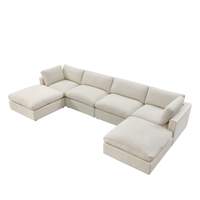 Kaelynn Sofa Cream White Linen Upholstered 4 Seat and 2 Ottoman