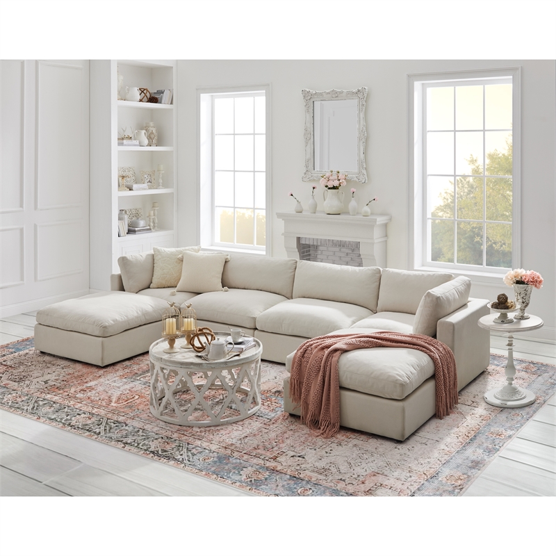 Kaelynn Sofa Cream White Linen Upholstered 4 Seat and 2 Ottoman