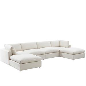 Kaelynn Sofa Cream White Linen Upholstered 4 Seat and 2 Ottoman