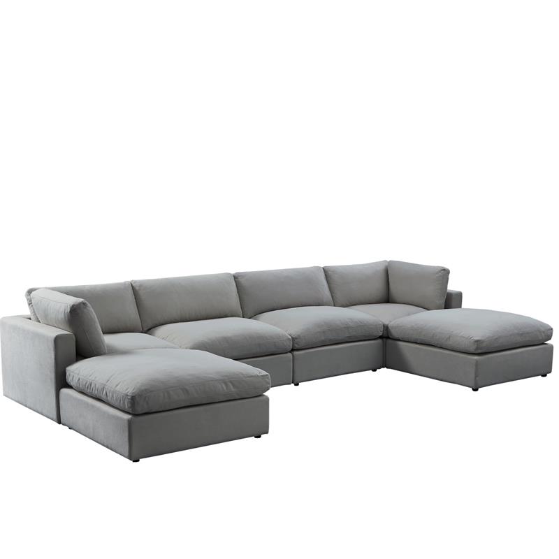 Kaelynn Sofa Gray Linen Upholstered 4 Seat and 2 Ottoman