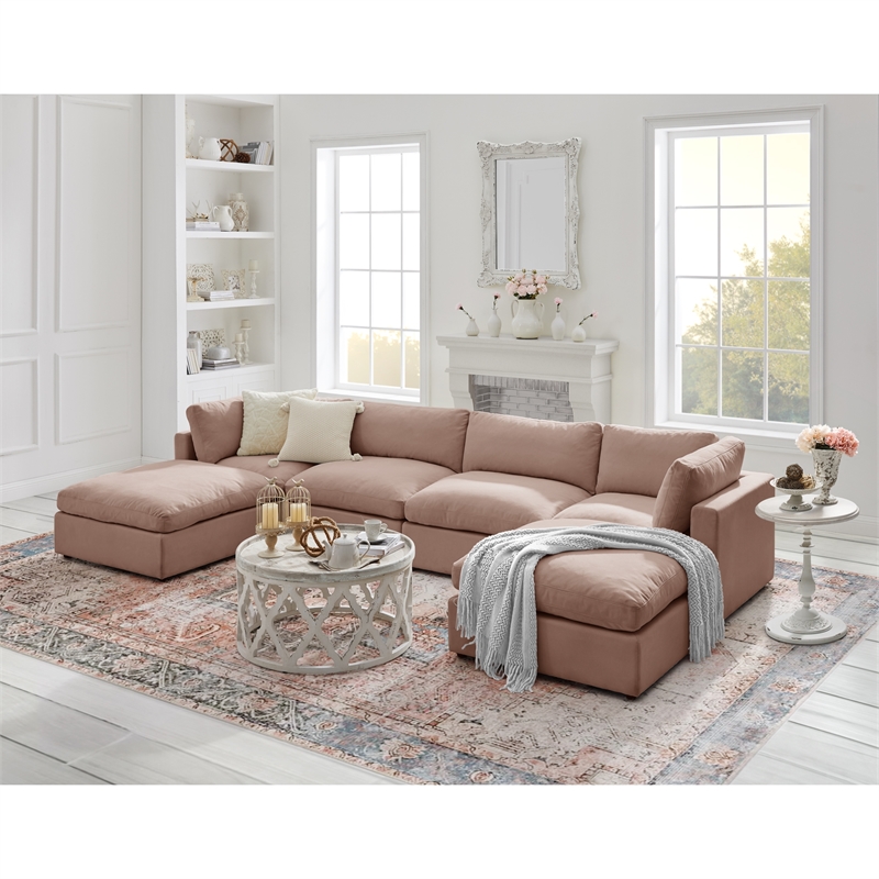 Kaelynn Sofa Pink Linen Upholstered 4 Seat and 2 Ottoman
