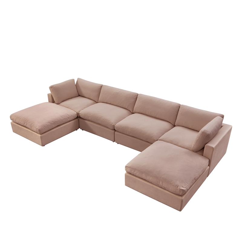 Kaelynn Sofa Pink Linen Upholstered 4 Seat and 2 Ottoman