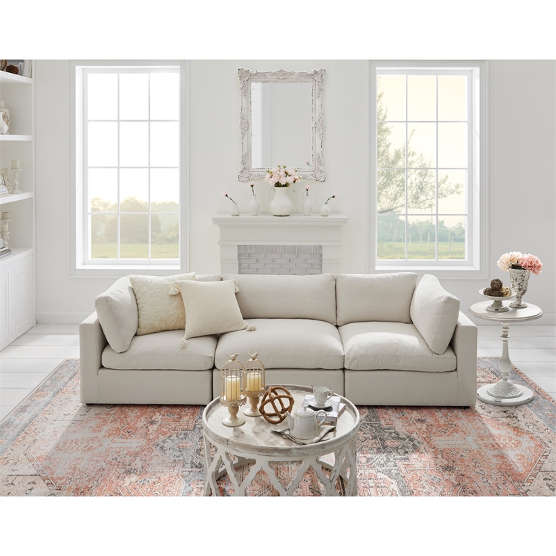 Kaelynn Sofa Cream White Linen Upholstered 3-Seat