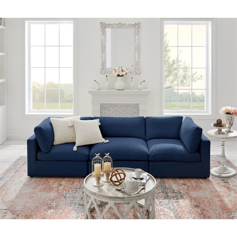 Kaelynn Sofa Navy Blue Linen Upholstered 3-Seat