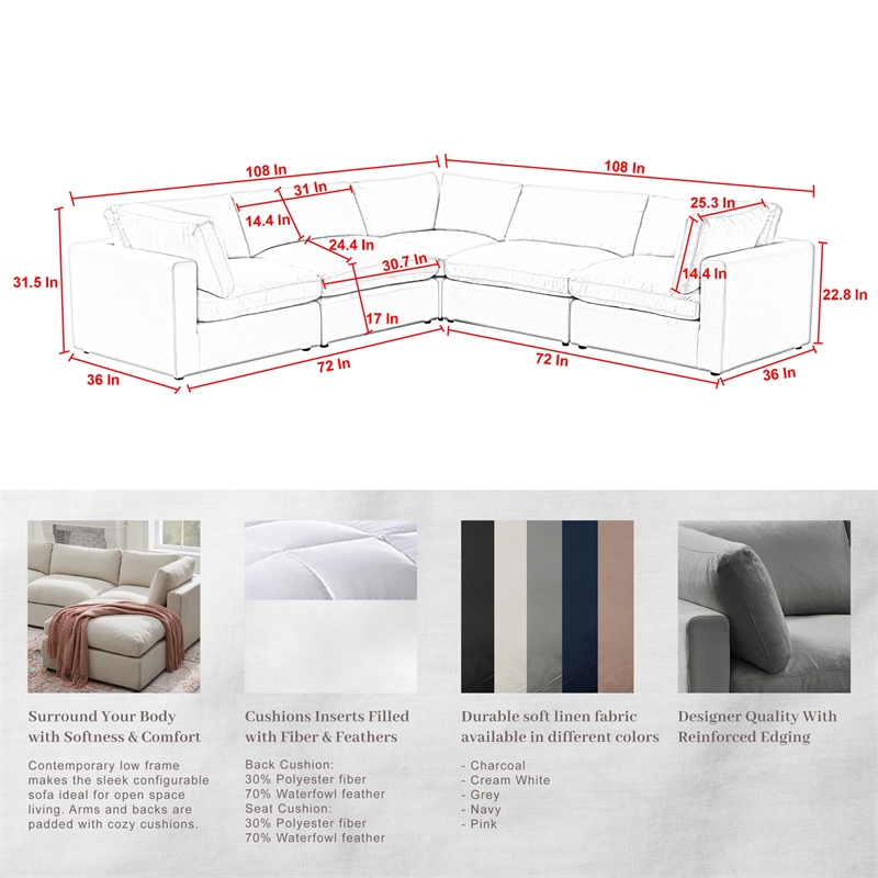 Kaelynn Corner Sofa Cream White Linen Upholstered