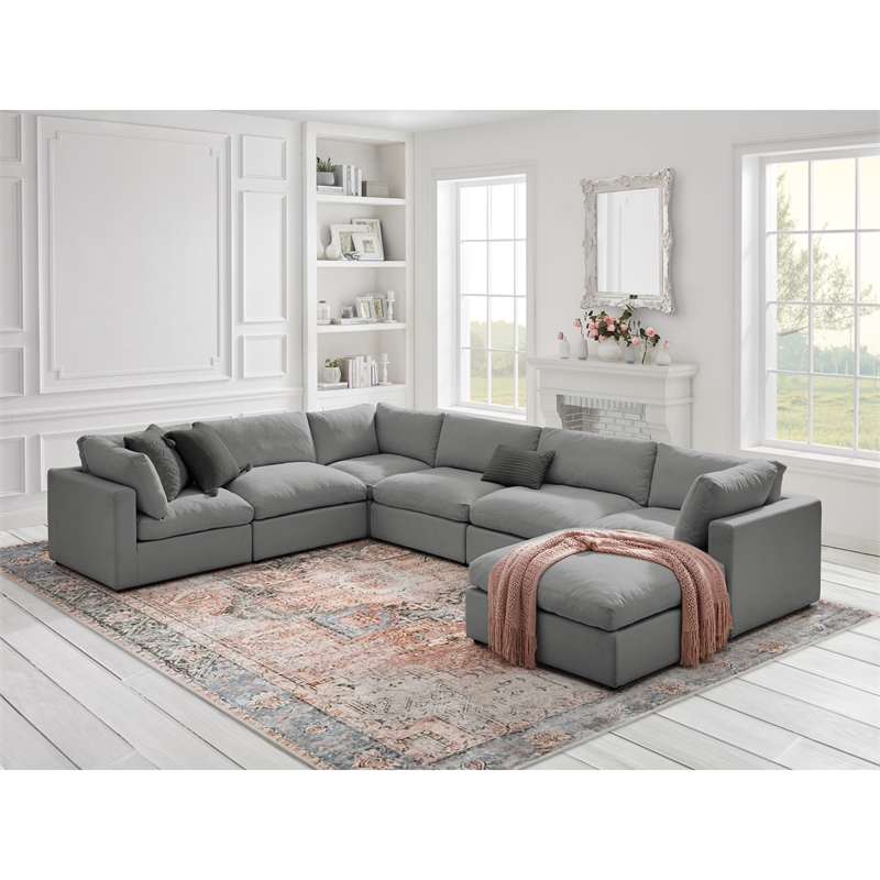 Kaelynn Corner Sofa Gray Linen Upholstered with Ottoman