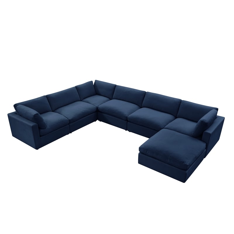 Kaelynn Corner Sofa Navy Blue Linen Upholstered with Ottoman