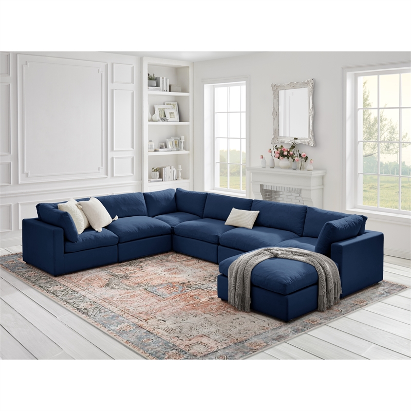 Kaelynn Corner Sofa Navy Blue Linen Upholstered with Ottoman