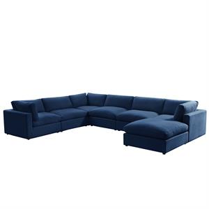 Kaelynn Corner Sofa Navy Blue Linen Upholstered with Ottoman