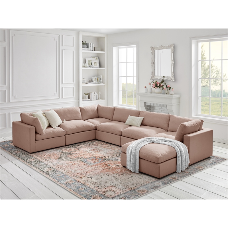 Kaelynn Corner Sofa Pink Linen Upholstered with Ottoman