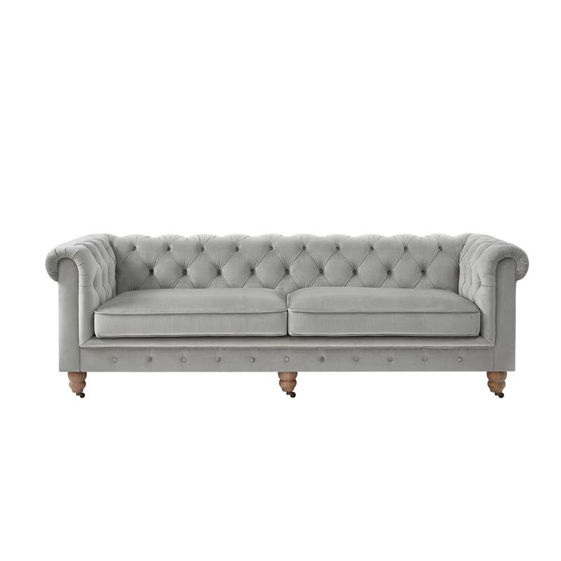 Londynn Sofa Grey Velvet 93L x 33.5W x 30.3H Button Tufted Rolled Arm