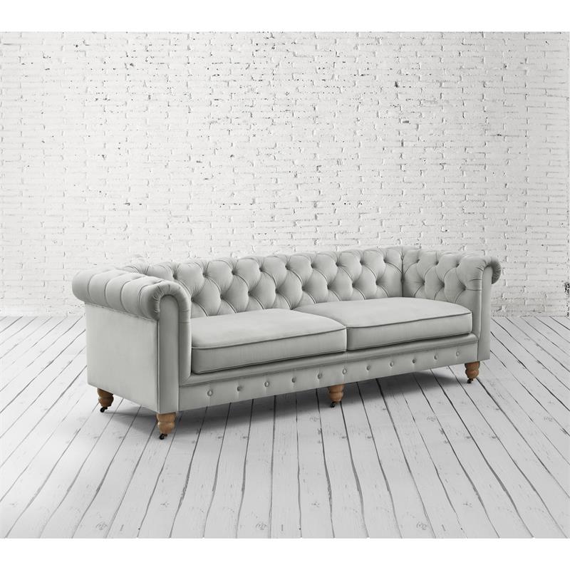 Londynn Sofa Grey Velvet 93L x 33.5W x 30.3H Button Tufted Rolled Arm