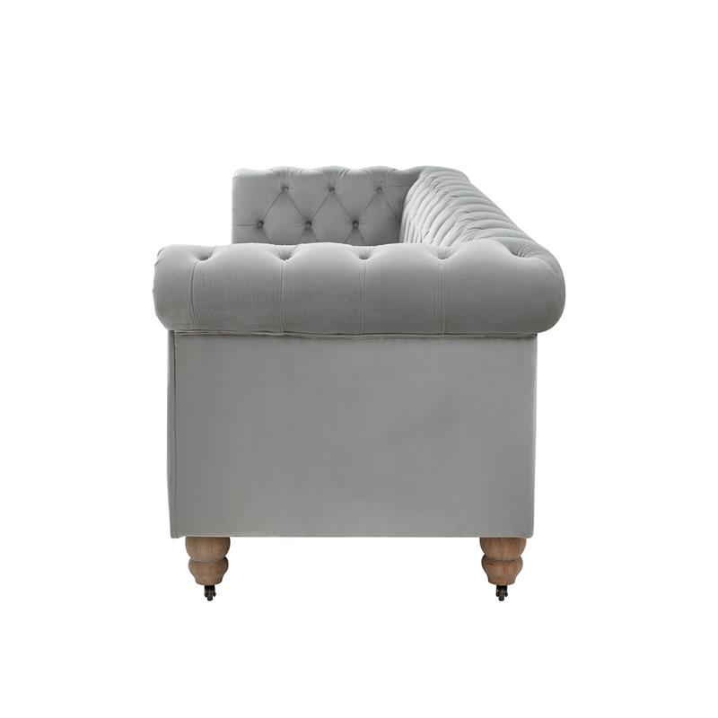 Londynn Sofa Grey Velvet 93L x 33.5W x 30.3H Button Tufted Rolled Arm