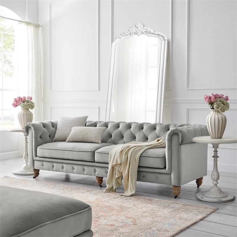 Londynn Sofa Grey Velvet 93L x 33.5W x 30.3H Button Tufted Rolled Arm